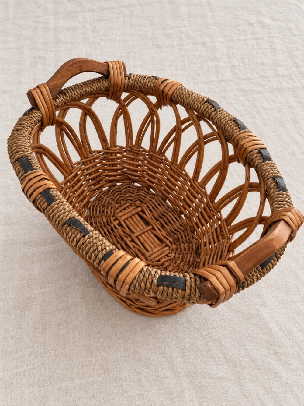 Vintage Woven Wicker Basket Wood Handles Open Weave Pedestal
